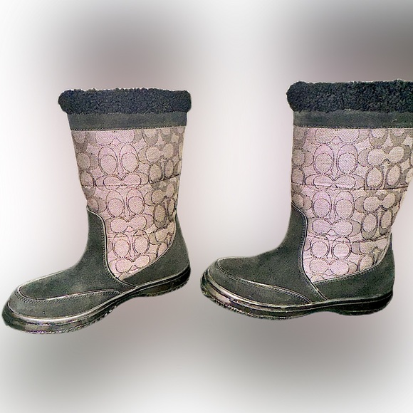 Coach Sherman Winter Boots Fleece Lined Black Suede Logo Print Booties US 5 - Picture 6 of 11